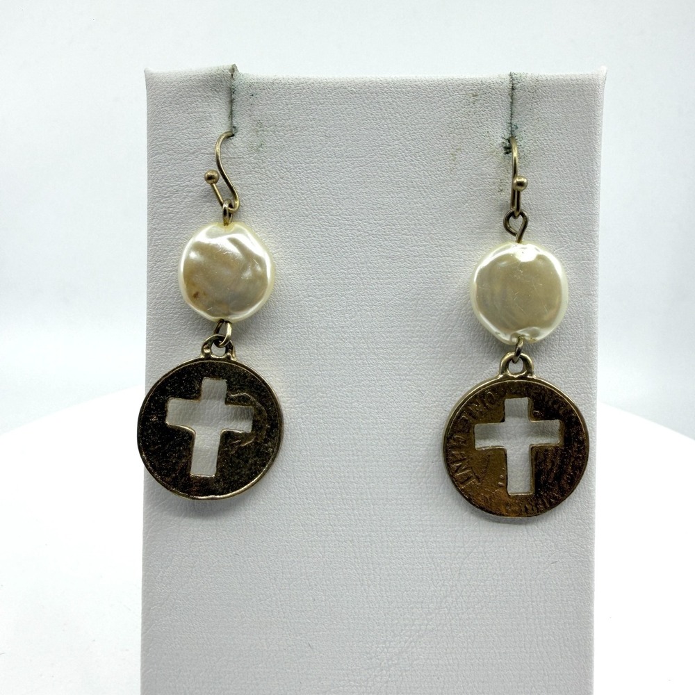 Vintage Coin Cross Dangle Earrings with Pearl Accents Boho Religious Jewelry
